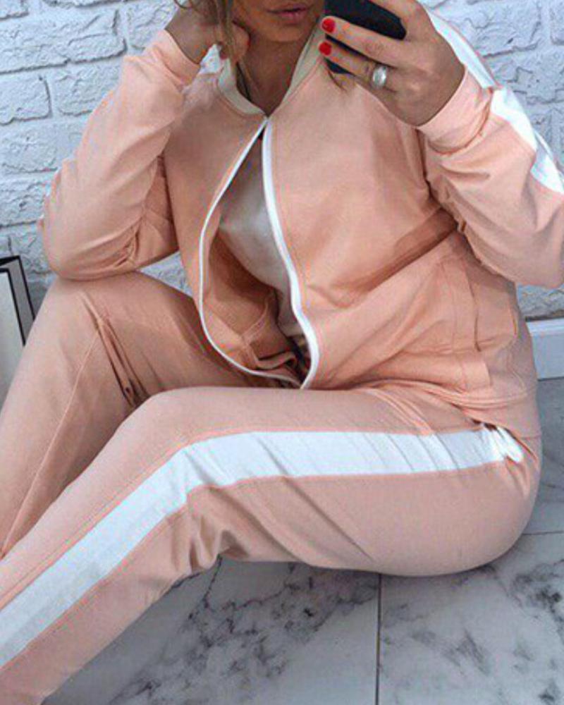 

Colorblock Tape Insert Zipper Design Jacket & Pants Sets, Pink