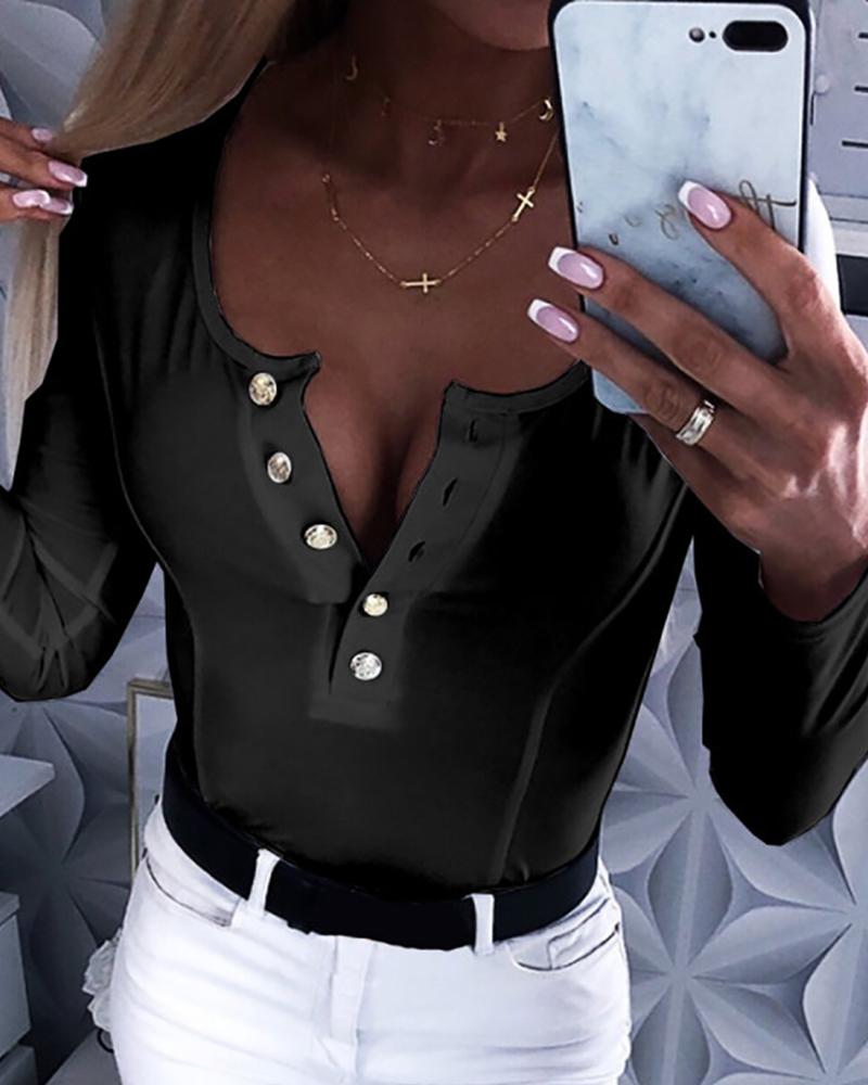 

V-neck Button Design Long Sleeve T-shirt, Black