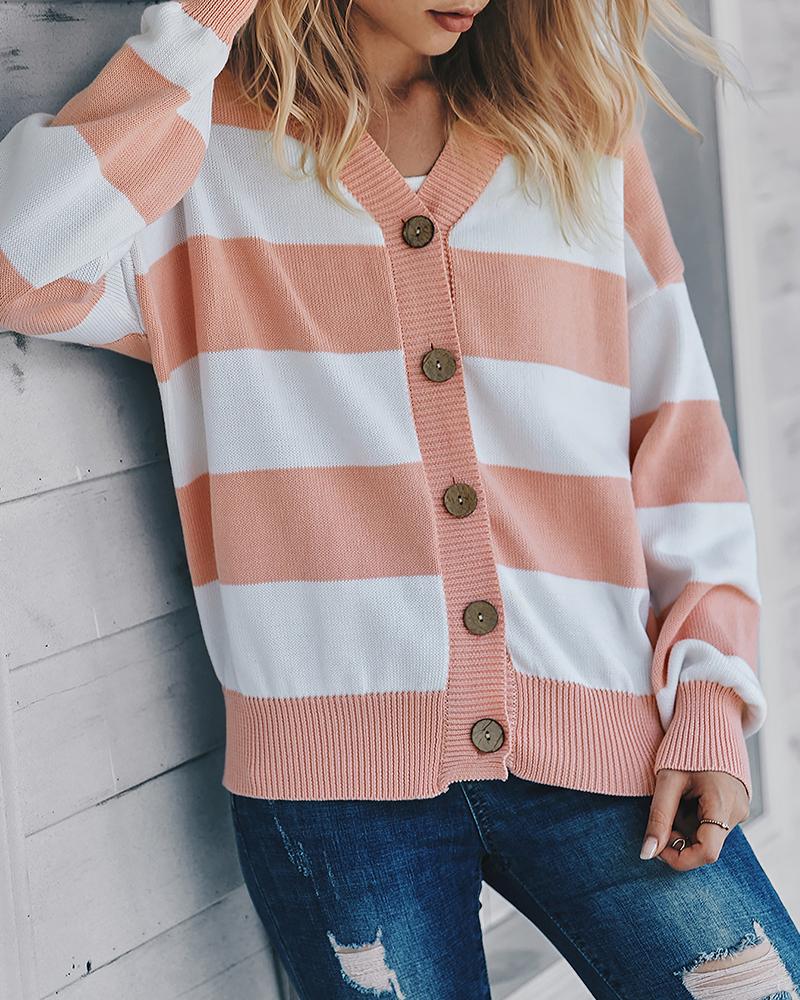 

Striped Colorblock Button Design Knit Cardigan, Pink
