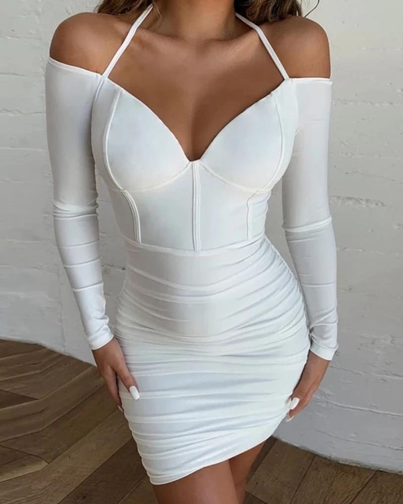 

Solid Halter Ruched Bodycon Dress, White