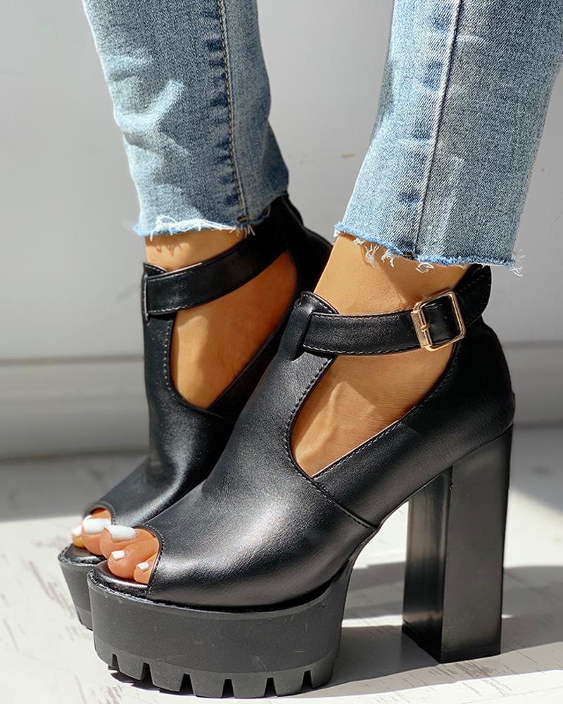 

Peep Toe Platform Chunky Heeled Sandals, Black