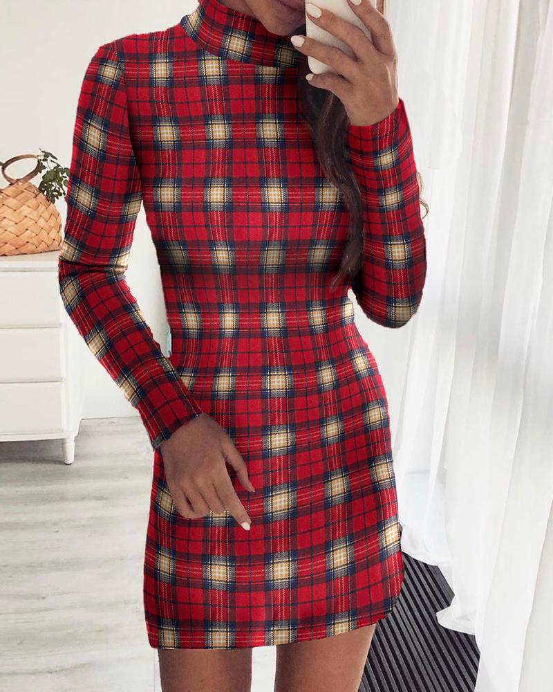 

Christmas Plaid Long Sleeve Bodycon Dress, Red