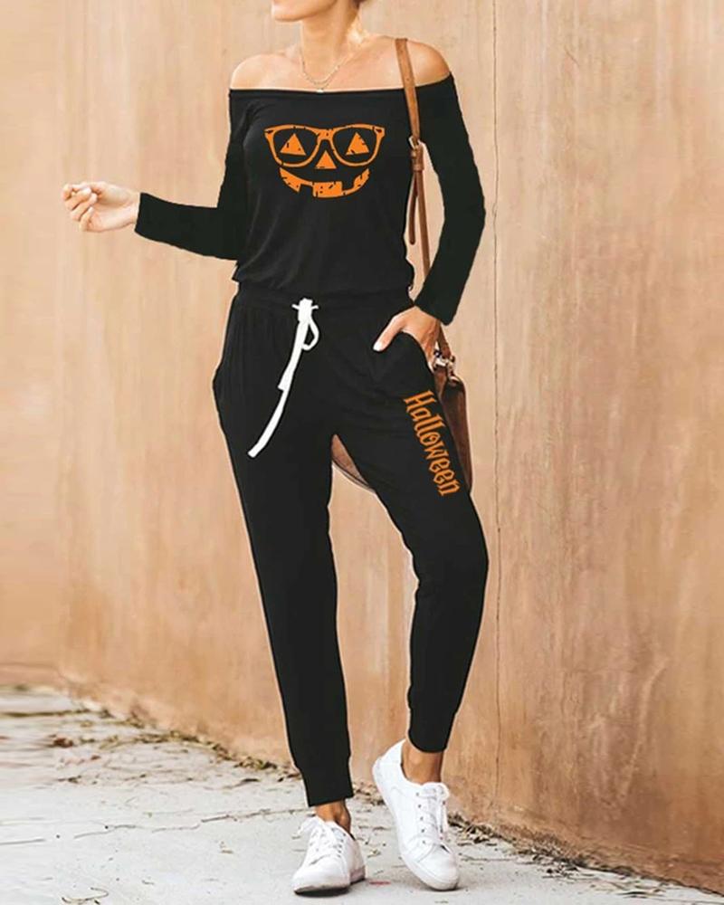

Halloween Pumpkin Pattern Letter Print Drawstring Jumpsuit, Black