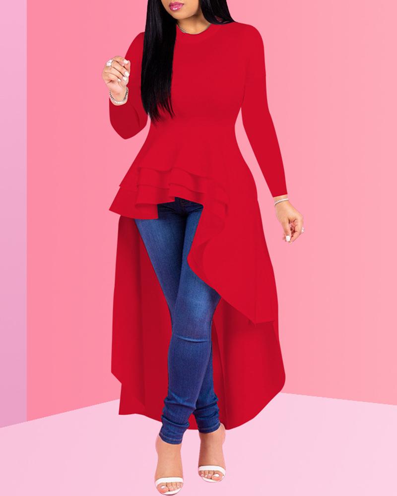 

Solid Ruffles Dip Hem Long Sleeve Blouse, Red