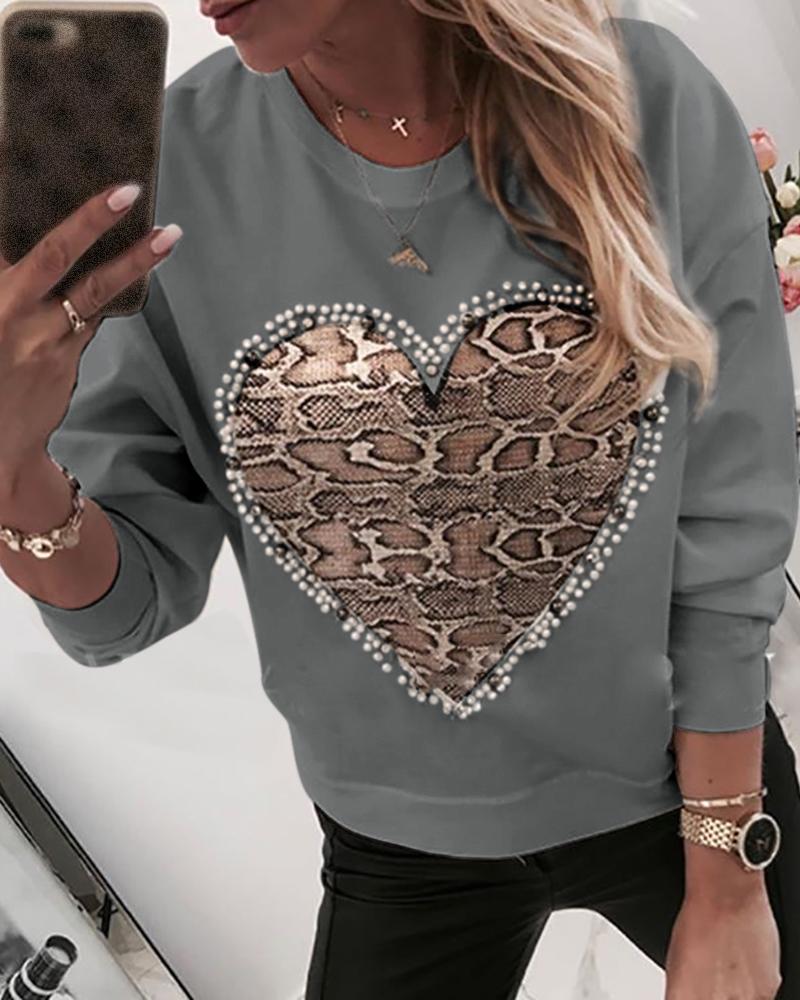 

Heart Pattern Snakeskin Print Round Neck Casual Sweatshirt, Gray