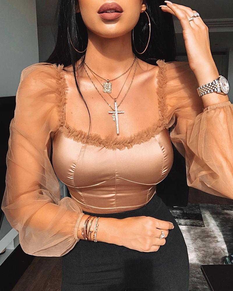 

Mesh Patchwork See Through Lantern Sleeve Crop Top, Brown
