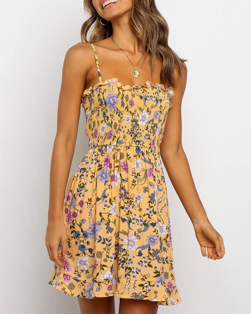 

Floral Print Ruffles Shirring Design Pleated Dress, Yellow