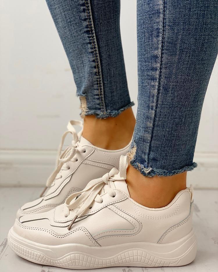 

Solid Lace-Up Patchwork Casual Sneakers, Beige