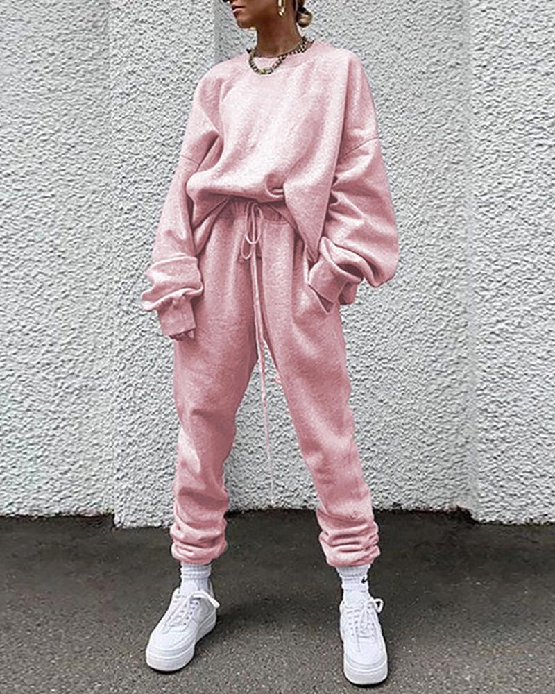 

Plain Lantern Sleeve Top & Drawstring Pants Set, Pink