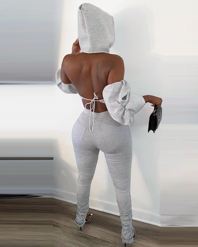 

Backless Hooded Top & Ruched Slit Pants Set, Gray