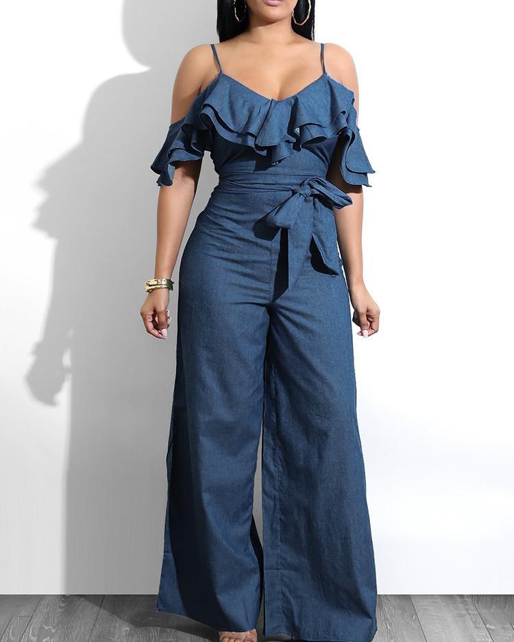 

Layered Ruffles Belted Slip Denim Jumpsuit, Blue