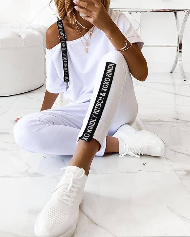 

Letter Print Top & Drawstring Pants Sets, White