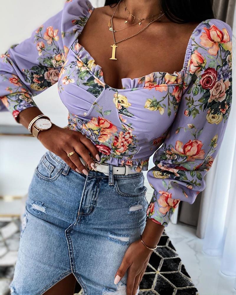 

Floral Print Square Neck Top, Purple