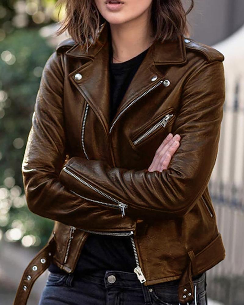 

Zipper Button Design PU Leather Coat, Brown