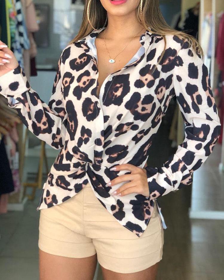 

Twist Front Leopard Print Long Sleeve Blouse, Beige