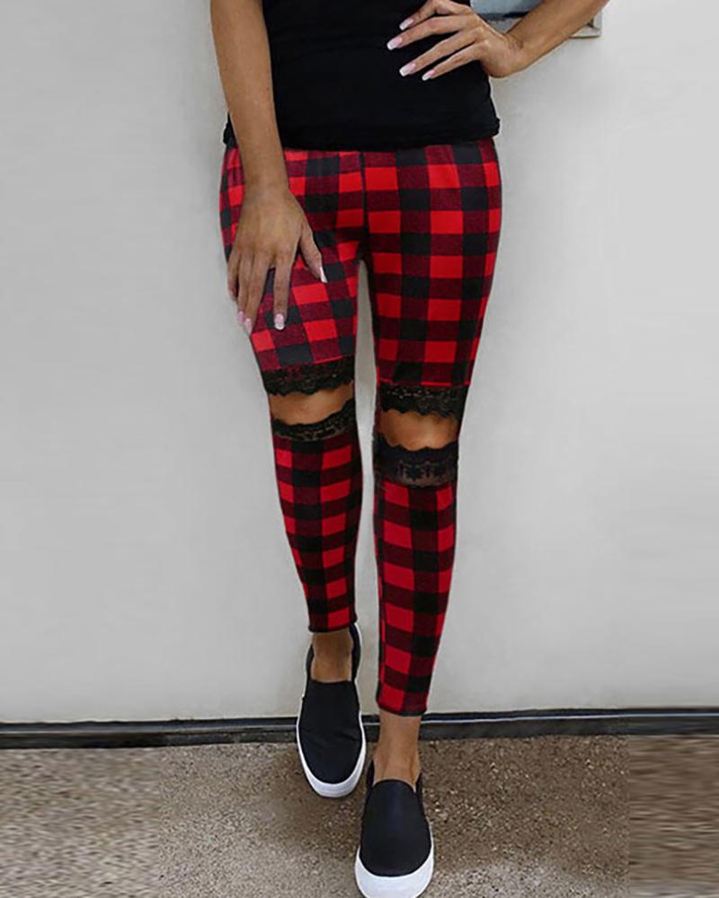 

Mixed Print Cutout Lace Skinny Pants, Style5
