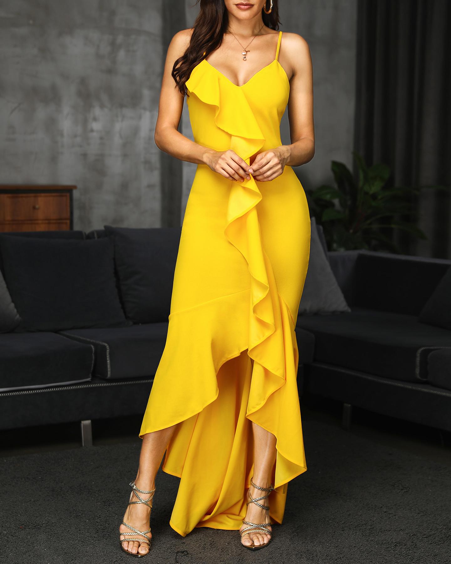 

Spaghetti Strap Ruffles Design Irregular Dress, Yellow