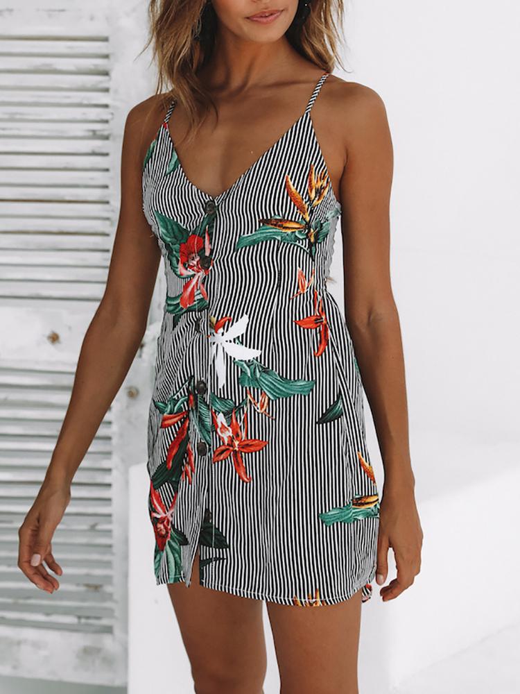 

Single Button Floral Print Mini Slip Dress