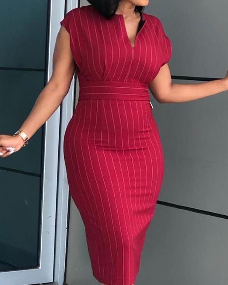 

Notched Neck Striped Midi Dress, Red
