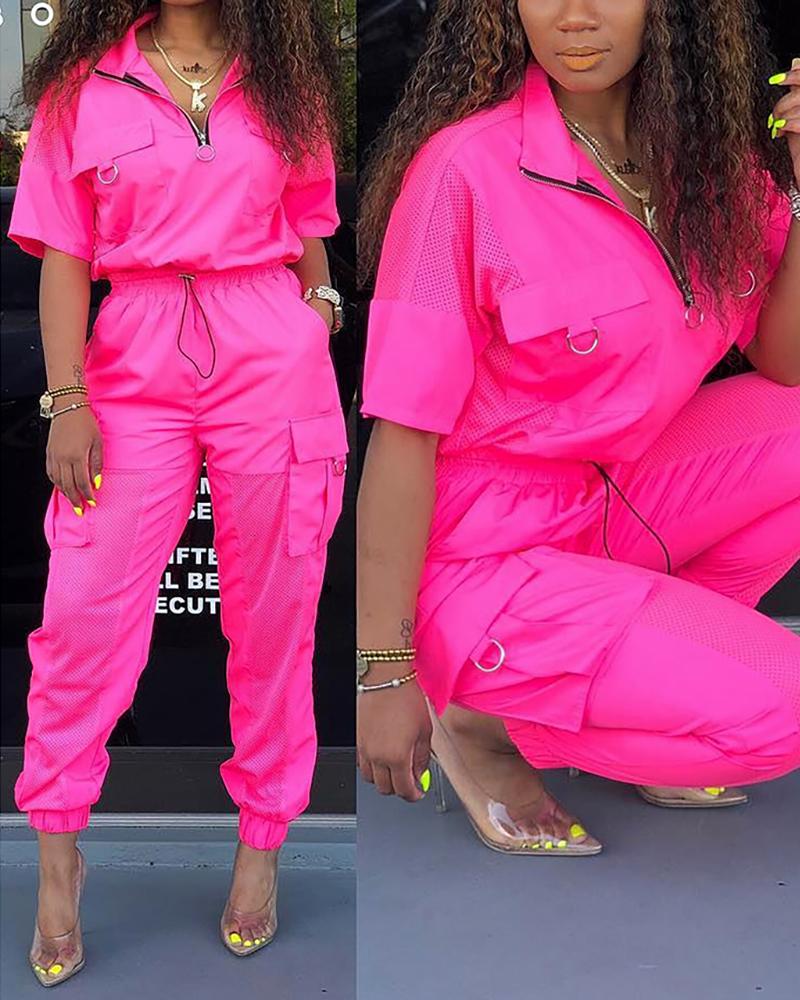 

Short Sleeve Pocket Design Tracksuit, Hot pink