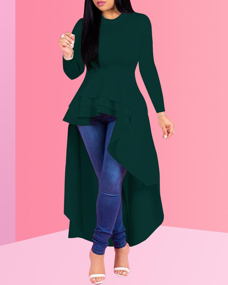 

Solid Ruffles Dip Hem Long Sleeve Blouse, Green