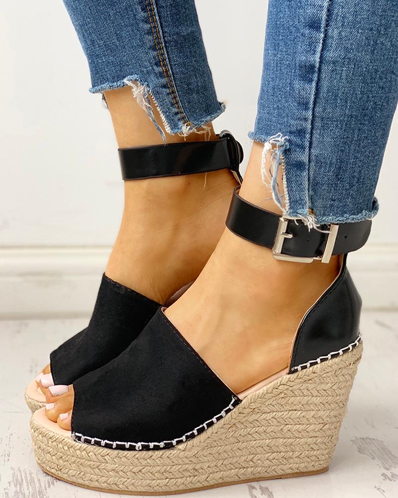 

Ankle Buckled Espadrille Wedge Sandals, Black
