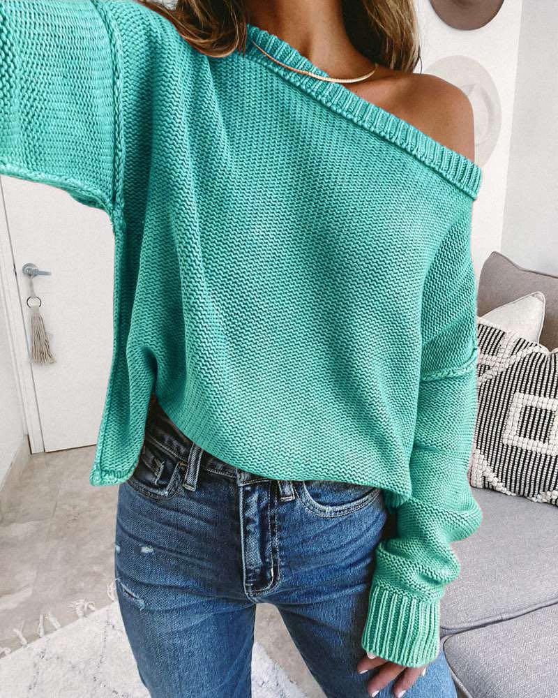 

Drop Shoulder Long Sleeve Knit Casual Sweater, Green