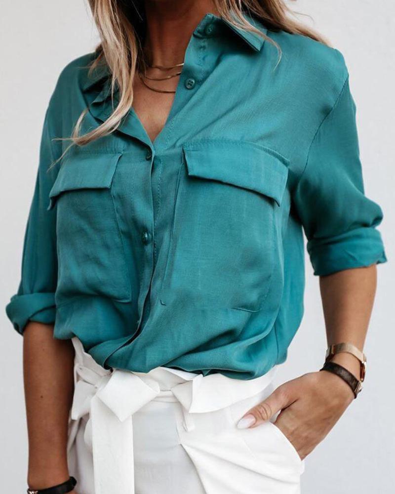 

Buttoned Pockets Design Solid Long Sleeve Shirt, Green