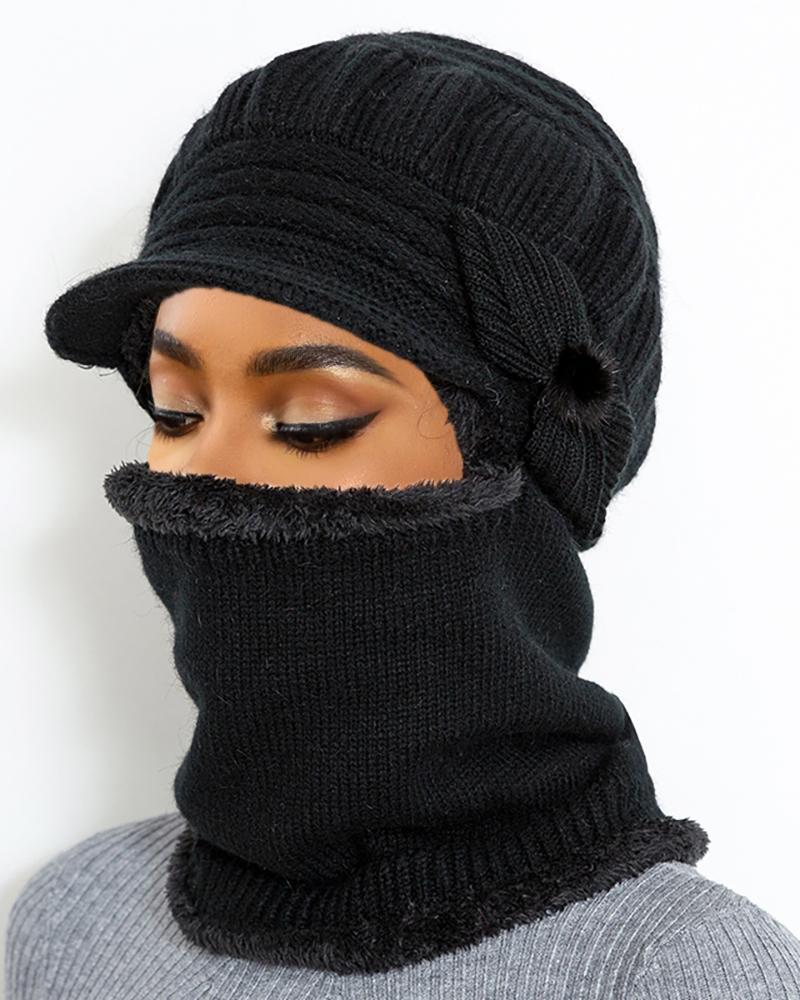 

Bow Pattern Warm Neck Knit Hat Mask Beanie, Black