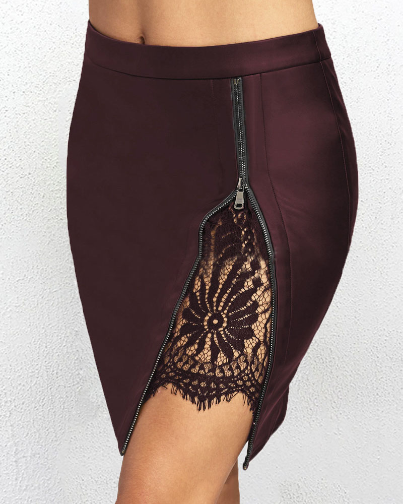 

Faux Leather Lace Trim Zipper Mini Skirt, Wine red