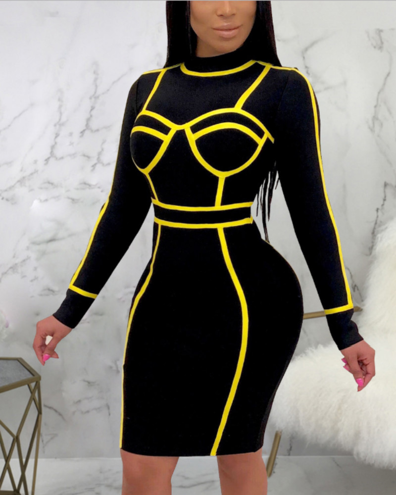 

Long Sleeve Contrast Binding Bodycon Dress