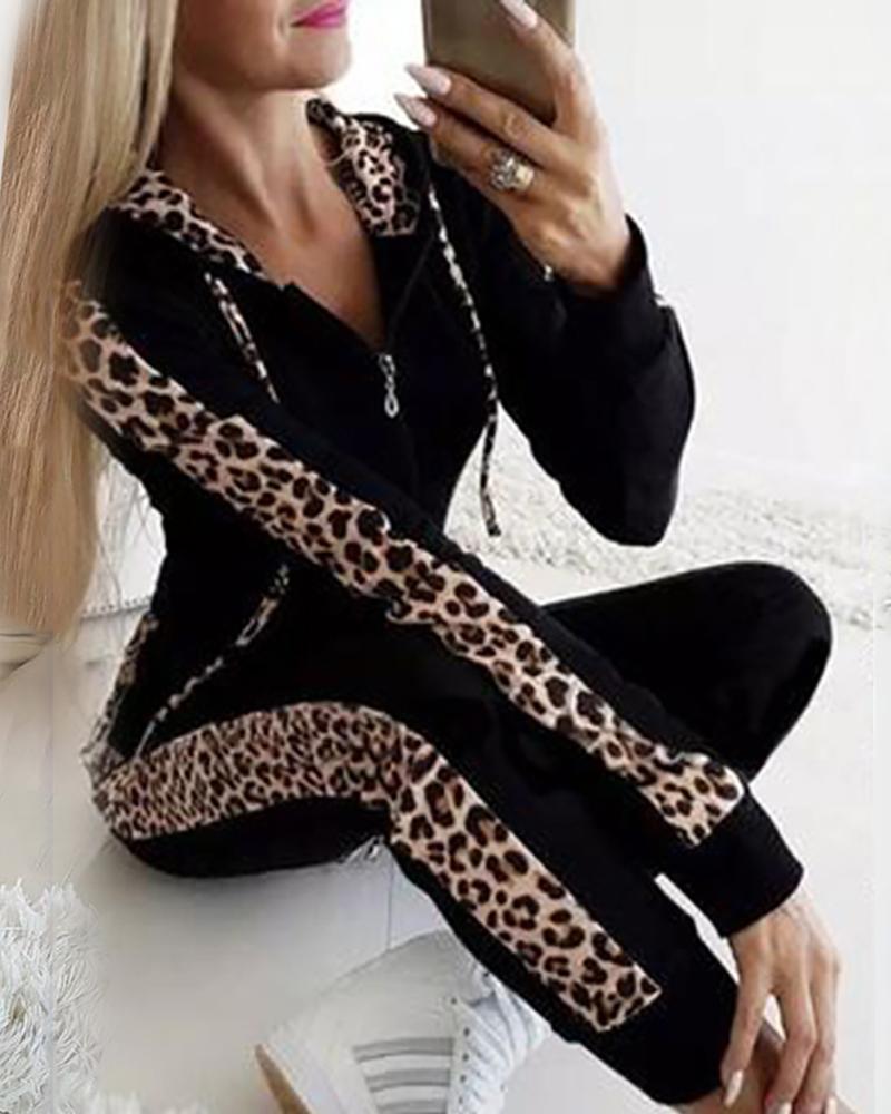 

Leopard Print Drawstring Design Hooded Top & Pencil Pants Sets, Black