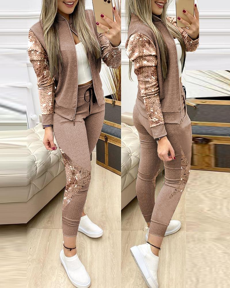 

Contrast Sequins Zipper Design Jacket & Drawstring Pants Set, Brown