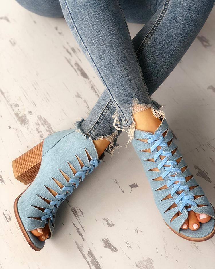 

Denim Lace-up Hollow Out Chunky Heeled Sandals, Hot pink