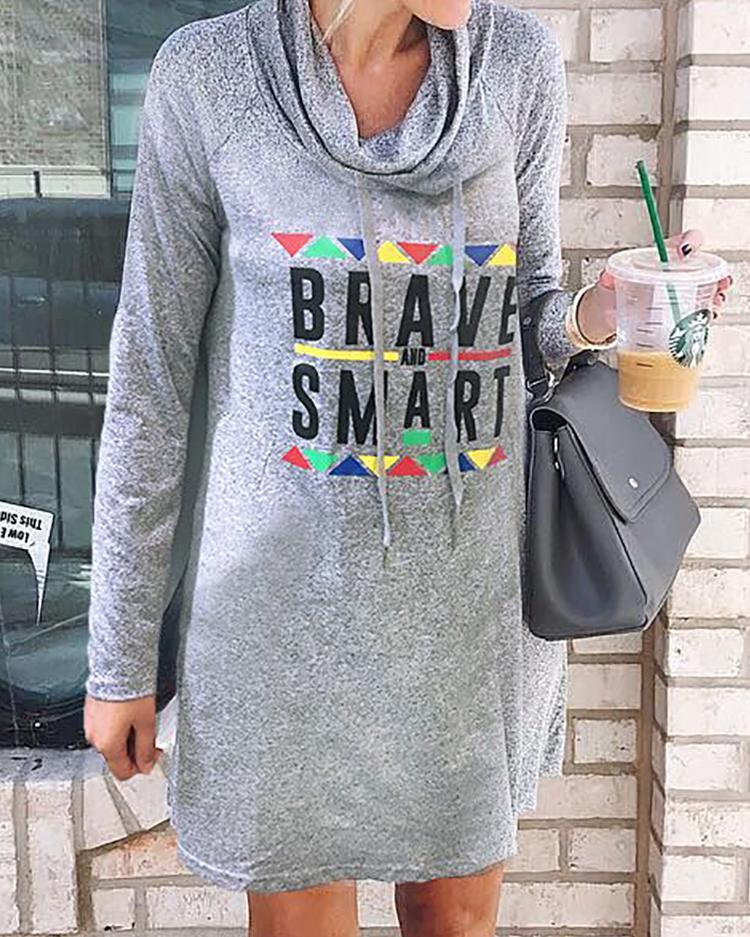

Letter Print Heap Neck Casual Dress, Gray
