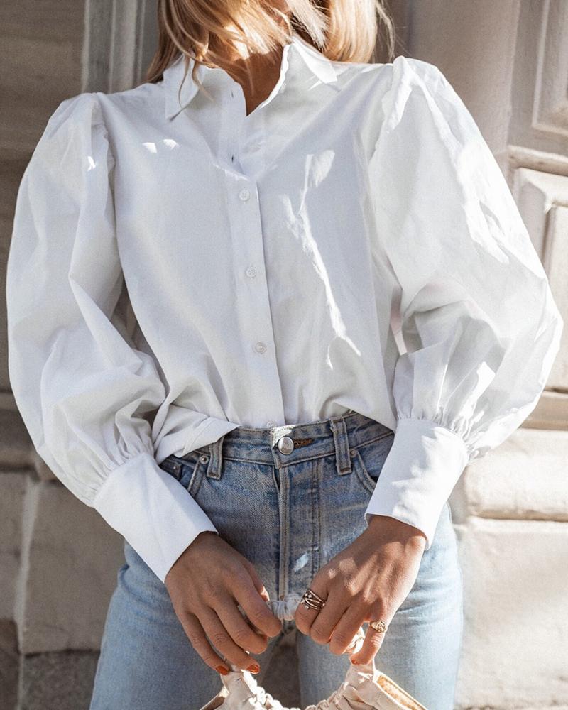 

Solid Bishop Sleeve Casual Shirt, White