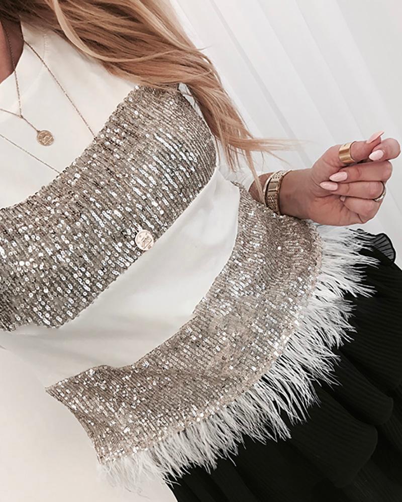 

Sequin Feather Long Sleeve Blouse, White