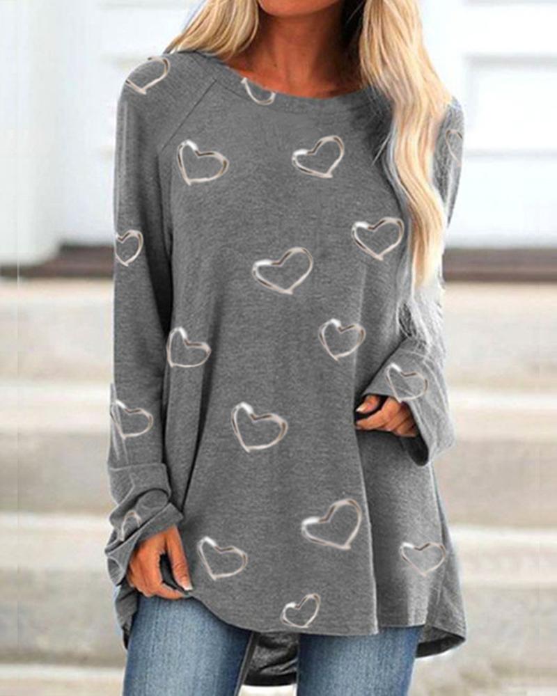 

Heart Print Long Sleeve Blouse, Light gray