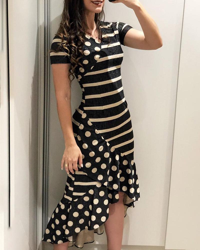 

Dot Striped Print Irregular Ruffles Dress