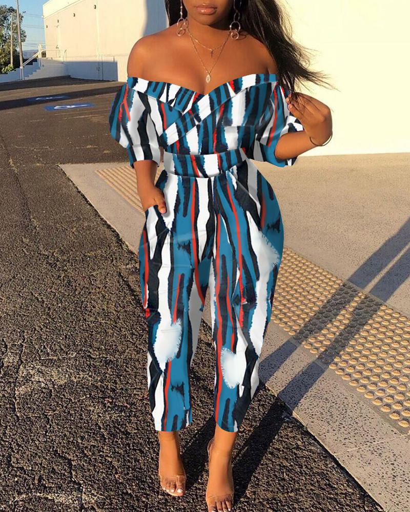 

Off Shoulder Colorful Print Jumpsuit, Multicolor