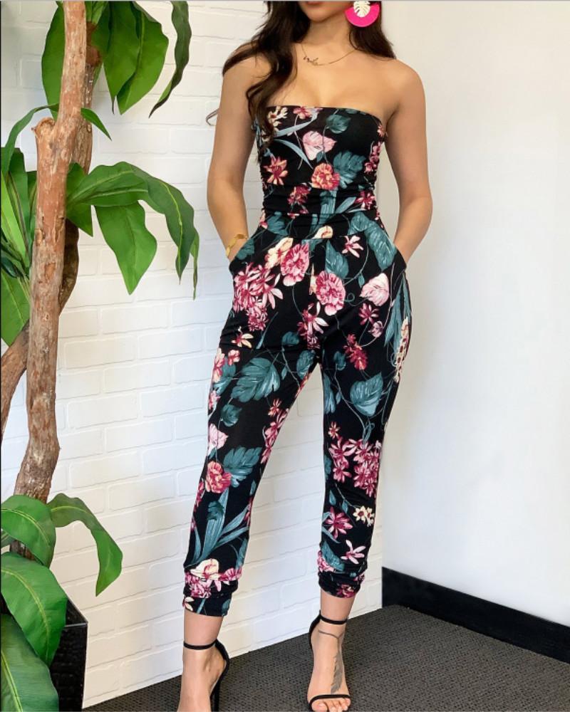 

Tropical Print Pocket Design Tube Jumpsuit, Black