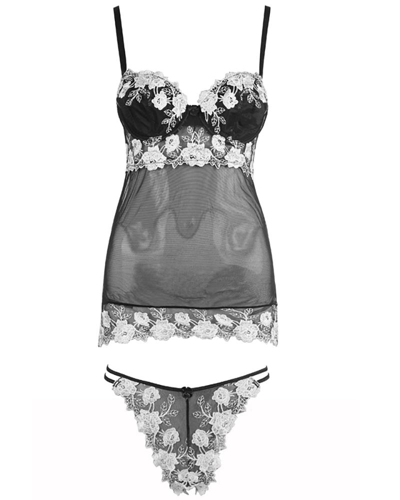 

Floral Pattern Lace Sheer Mesh Babydoll, White