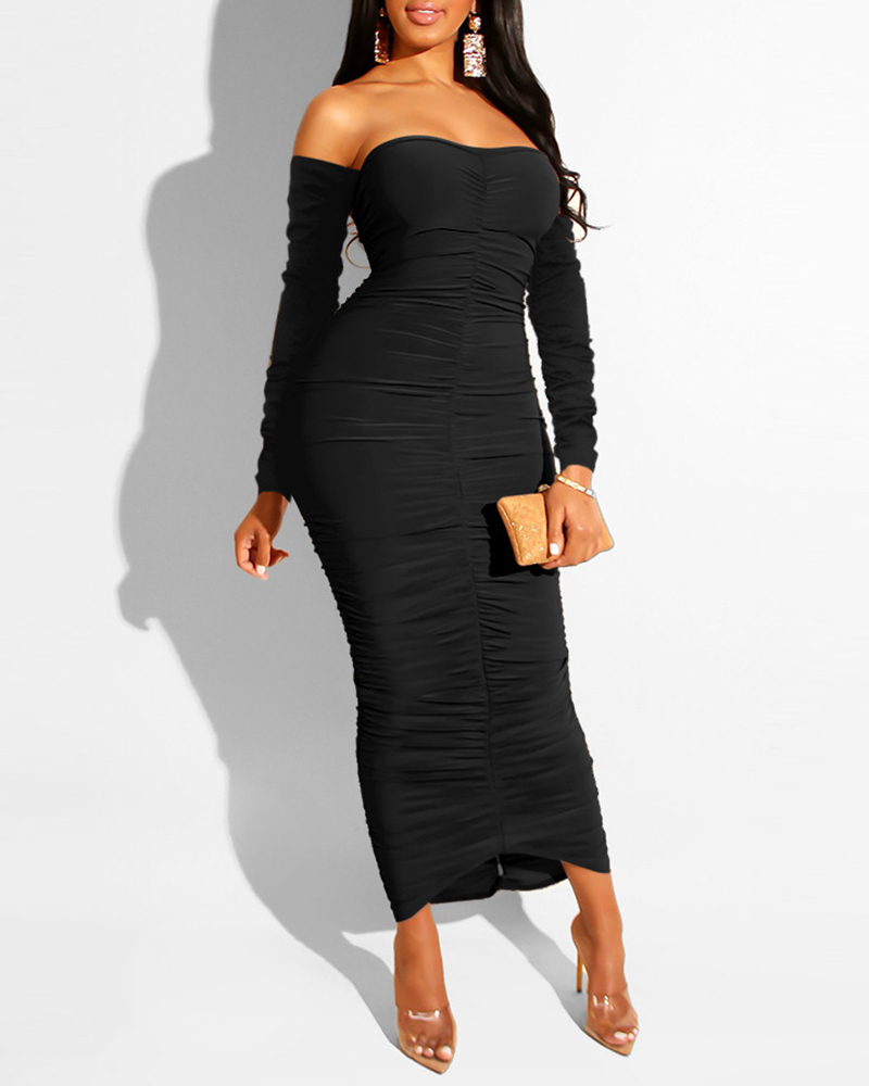 

Solid Off Shoulder Bodycon Ruched Dress, Black