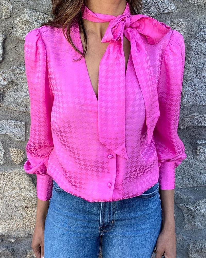 

Puff Sleeve Houndstooth Tied Neck Buttoned Shirt, Hot pink