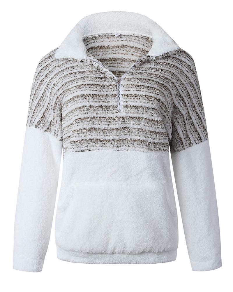 

Colorblock Zip Front Teddy Top, Coffee