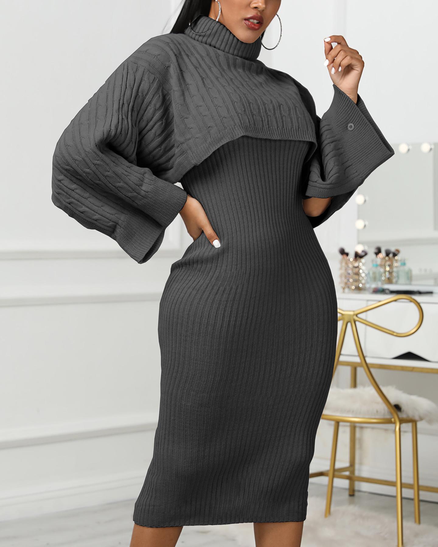 

Solid High Neck Ribbed Sweater & Thin Strap Dress Sets, Dark grey