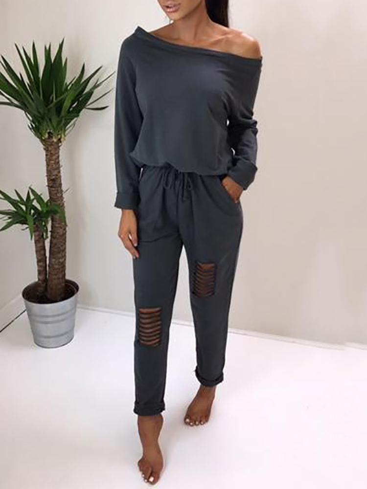 

Trendy Ripped Skew Neck Tied Waist Casual Jumpsuit, Dark grey