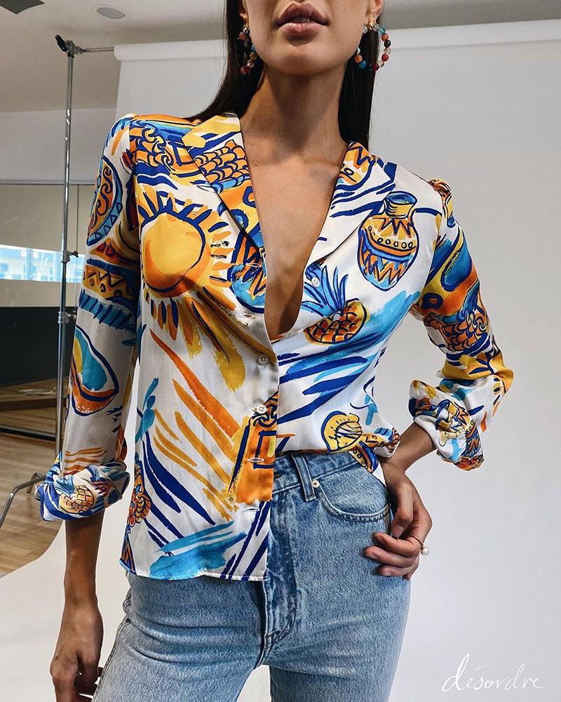 

V Neck Print Long Sleeve Shirt, Multicolor