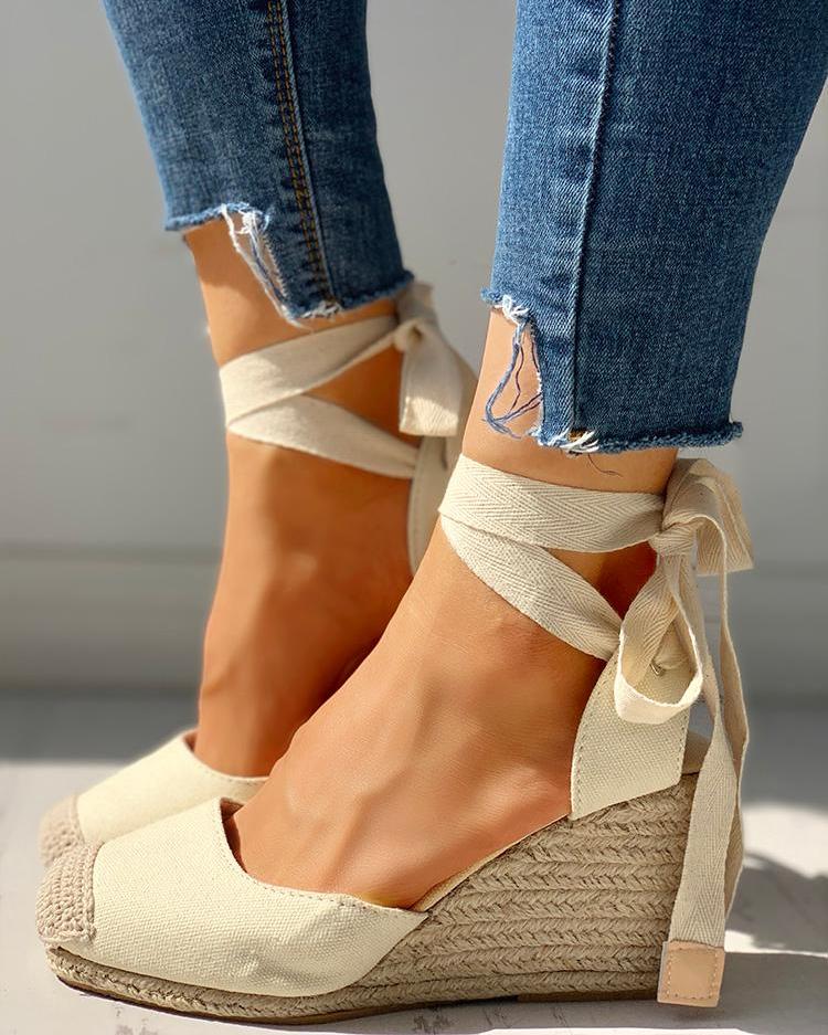 

Bandage Tied Back Espadrille Wedge Shoes, White