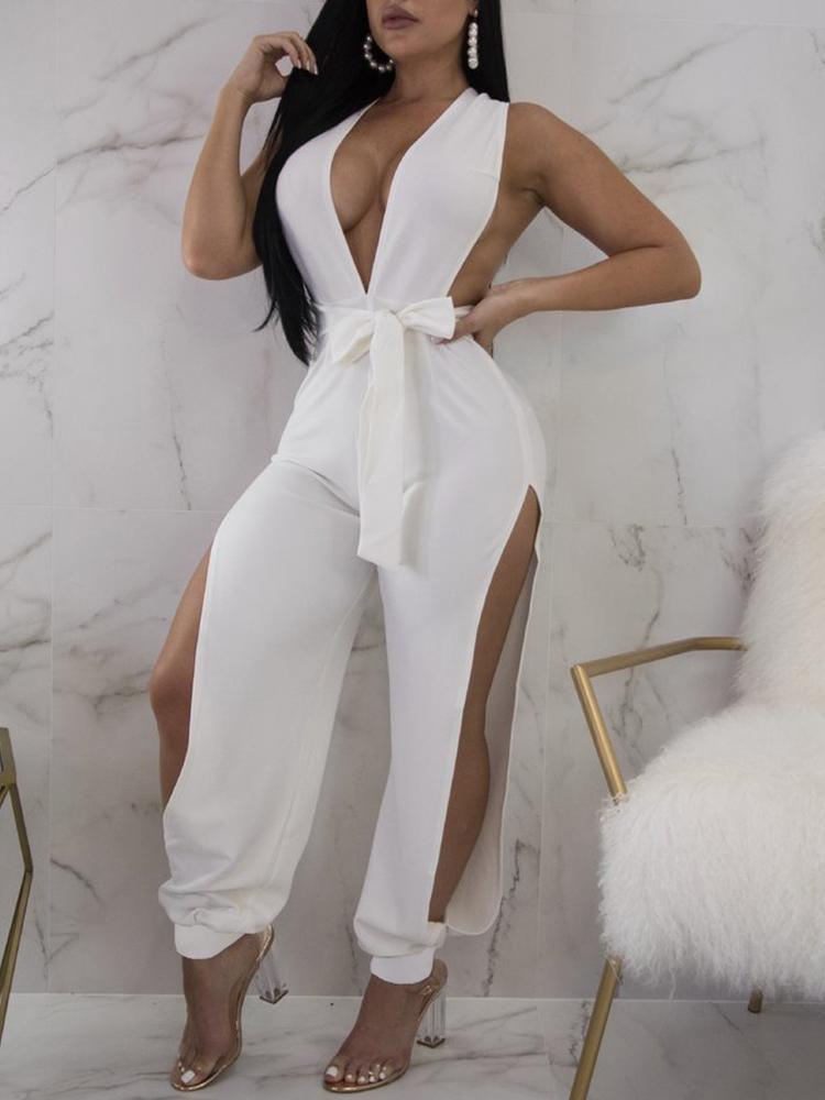 

Halter Deep V Tied Waist Slit Side Jumpsuit